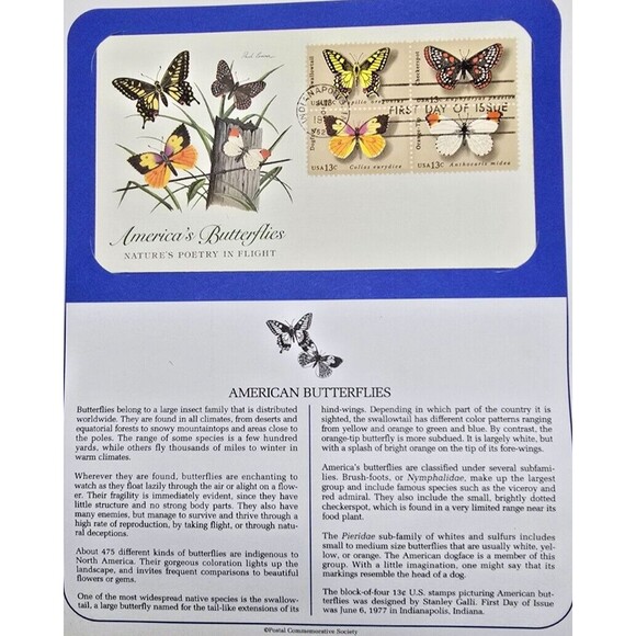 American Butterflies Nature's Poetry In Flight 1977 FDC - Picture 1 of 3